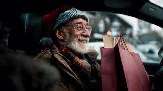 A closeup shot of an elderly man seated in a car, wearing a red hat and glasses, with a beard and scarf wrapped around his neck.