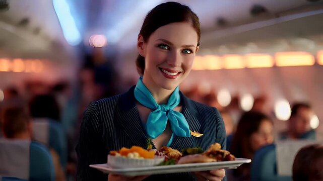 Airlines stewardess holding tray of food in airplane cabinflight attendant holding tray with appetizers in airplane interior.