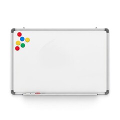 Clean White Dry Erase Board with Magnetic Markers on White Background