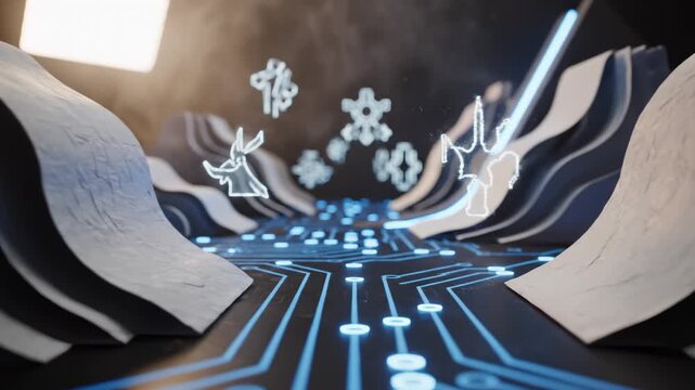 Abstract Circuit Board With Snowflakes and Figures Forming, Glowing Blue