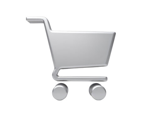 A silver shopping cart sitting on a plain white background