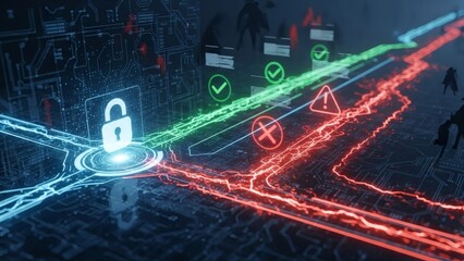 Cybersecurity concept with padlock and warning signs on circuit board