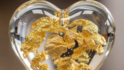 Clear Heart Shape Glass Ornament Filled With Gold Flakes and Bubbles