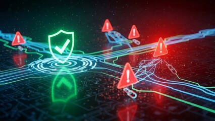Secure network protection with shield icon and warning signs