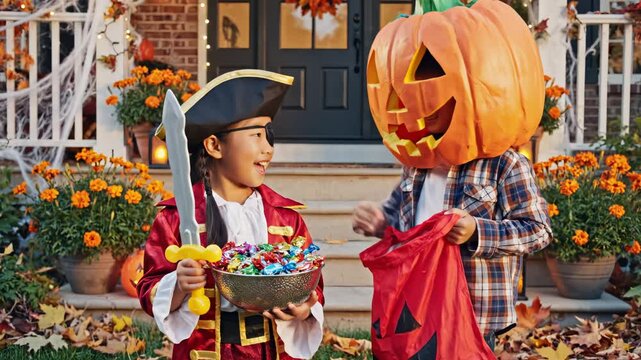 Children in Halloween costumes on porch