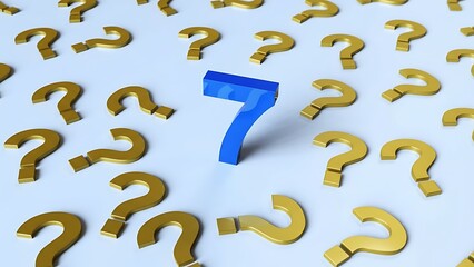 Single bright blue number 7 stands out among numerous scattered golden question marks on a clean, light blue background