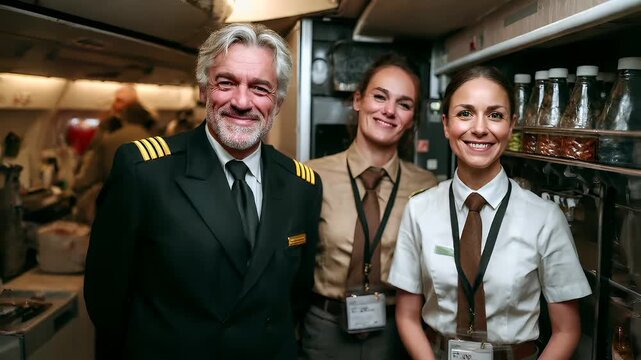 A closeup shot of a man in a pilots uniform, standing in an airplane cabin. He is wearing a dark suit with gold epaulettes and a white shirt with a brown tie.