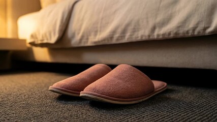 A pair of cozy slippers on the carpet beside a bed. Warm evening light in a comfortable bedroom. Home comfort and relaxation concept