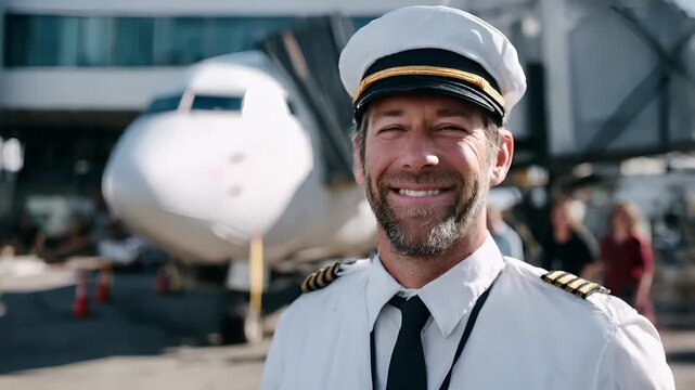 A closeup of a man in a captains uniform, standing in front of an airplane. He is wearing a white captains hat with a gold stripe, and a white shirt with black and gold epaulettes.