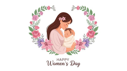 Obraz premium Mother and baby in floral wreath happy women's day celebration illustration