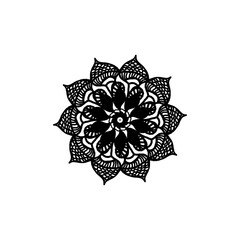 Black color decorative floral mandala ornament on transparent background.