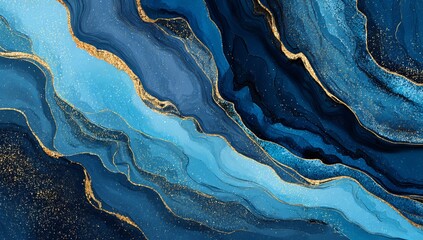 Abstract flowing blue and gold marble texture with glitter accents image