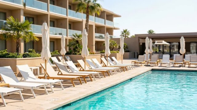 Empty lounge chairs by a luxury resort swimming pool on a sunny day. Modern hotel background with a tilt-shift effect. Summer vacation and travel destination