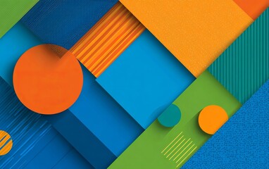 Abstract geometric shapes in vibrant blue orange green and teal colors with textured surfaces and shadows
