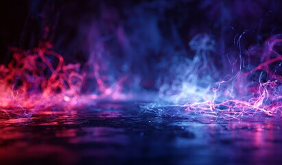 Abstract glowing neon energy strands and smoke in dark blue and pink background light
