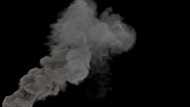Animated images of thick, gray smoke; a dense plume of smoke resembling smoke from a fire. Alpha channel included in the end of the clip.