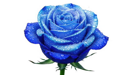 A captivating blue rose blooming with pristine water droplets on its velvety petals isolated on transparent background