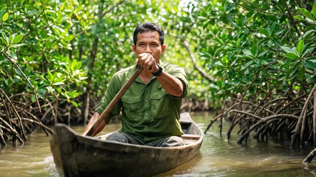 Man paddling a traditional wooden boat in a mangrove forest. Navigating a narrow river through a lush tropical jungle. Exploration and ecotourism concept