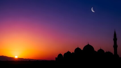 Silhouette of a mosque at sunset with a crescent moon in the sky at dusk with vibrant colors