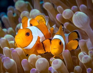 Two bright orange clownfish with white stripes peek from among the soft, lavender-tipped tentacles of their anemone home
