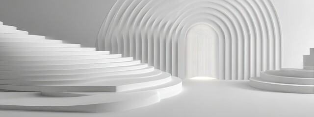Abstract white architectural forms with curved stairs and arched doorway architecture background