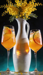 Two Aperol spritz glasses beside white vase with yellow mimosa flowers