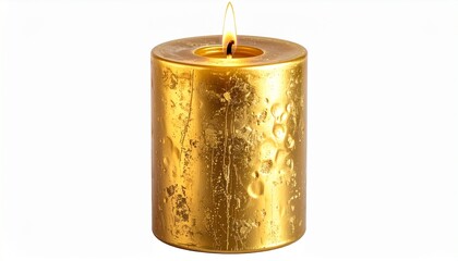 Gold cylindrical candle with ornate textured surface and lit flame, standing upright on white background.
