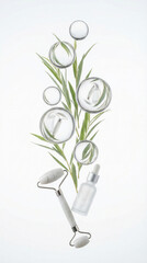 Facial roller and serum with botanical leaves and clear cosmetic bubbles