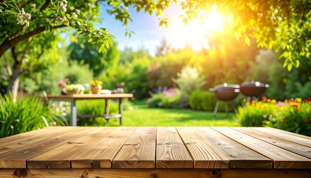 A sun-drenched garden scene featuring a wooden table in the foreground, with trees and a grill in a bright backyard