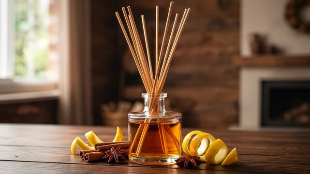 Aromatherapy reed diffuser with cinnamon, lemon, and spice. Home fragrance in a glass bottle for a cozy atmosphere. Relaxation and wellness concept