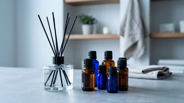 Aromatherapy reed diffuser and essential oil bottles on a modern countertop. Home fragrance for wellness and relaxation in a spa setting.