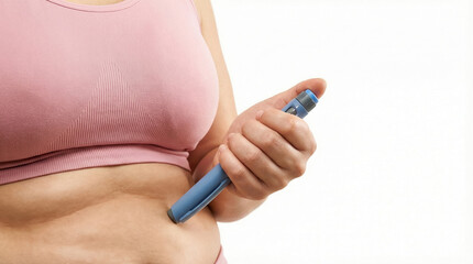 Woman holding insulin or semaglutid pen near abdomen in diabetes self care and monitoring