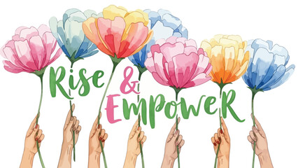 Hands holding colorful flowers with rise and empower text on white background