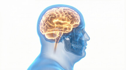 Fototapeta premium Man with illuminated brain visible inside translucent head medical visualization