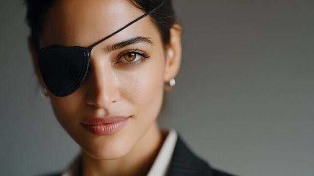 A woman with a black eye patch on her left eye