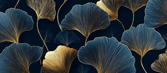 Dark blue background with gold line art ginkgo leaves pattern gold lines botanical