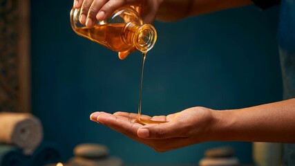 A person pours golden massage oil from a bottle into their hand. Preparing for an aromatherapy treatment in a spa. Wellness and self-care concept