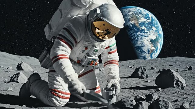 Astronaut collecting samples on the moon