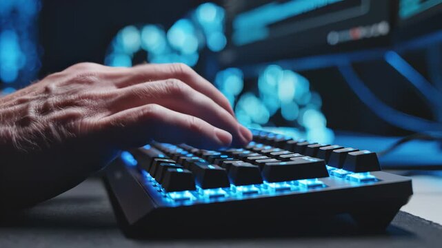 Hand typing on illuminated keyboard