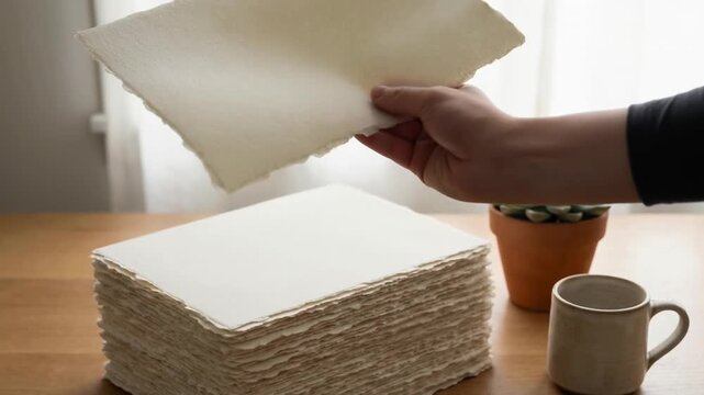 Hand touching textured paper stack on wooden table with warm natural light and ceramic cup creating calm, soft, warm feeling in photography material