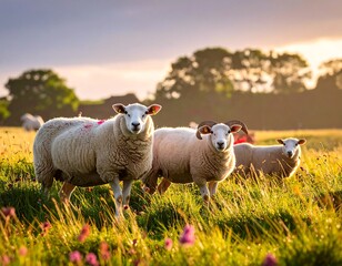 Obraz premium Three sheep stand in a sunlit meadow, bathed in golden light. Lush green grass and colorful flowers surround them. Soft focus background