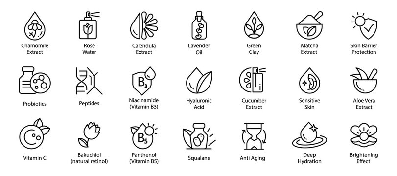Skincare line icon set with botanical extracts, active ingredients, skin care benefits, vitamins
