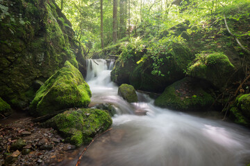 View of a vibrant stream cascading over moss-covered rocks, with sunlight filtering through the dense forest canopy, creating a serene atmosphere, Kremnicke vrchy, Slovakia.