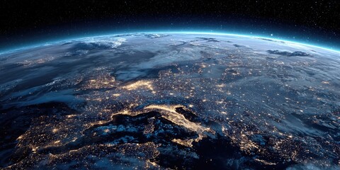 A distant, nighttime view of a portion of Earth, illuminated by city lights in space