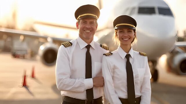 A closeup shot of two pilots standing in front of an airplane on a tarmac during sunset. The pilot on the left is wearing a white uniform with gold epaulettes and a black tie.