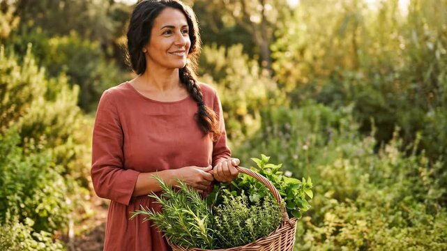 Woman harvesting fresh herbs in an organic garden. Smiling female holding a basket of rosemary and leafy greens during golden hour. Natural lifestyle concept