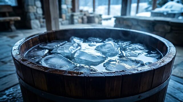 A wooden barrel filled with ice cubes and cold water for an ice bath. Steam rises from the freezing water on a winter day. Cold therapy for athletic recovery and wellness