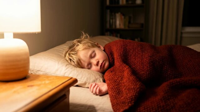 Young child sleeping soundly in bed at night. Cozy boy tucked under a warm red blanket. Childhood bedtime routine