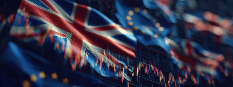 Flags of the United Kingdom and European Union waving together with financial data in the background - Powered by Adobe