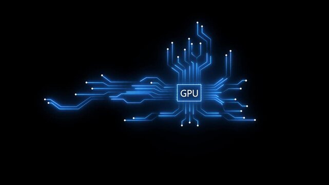 Glowing neon GPU circuit board background. Computer motherboard with a chip, Processor with artificial intelligence GPU. Minimal chip icon with GPU text and circuit lines icon animation. 4k video

